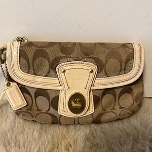 Coach Signature Brown Logo Wristlet Wallet With Turn Key Lock White Trim